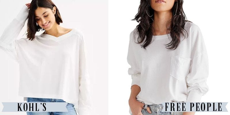 A white oversized long sleeve shirt from Kohl's besides a similar white long sleeve shirt from Free People.