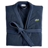 Navy blue robe with Lacoste branding, featuring a textured fabric and a tied belt closure.