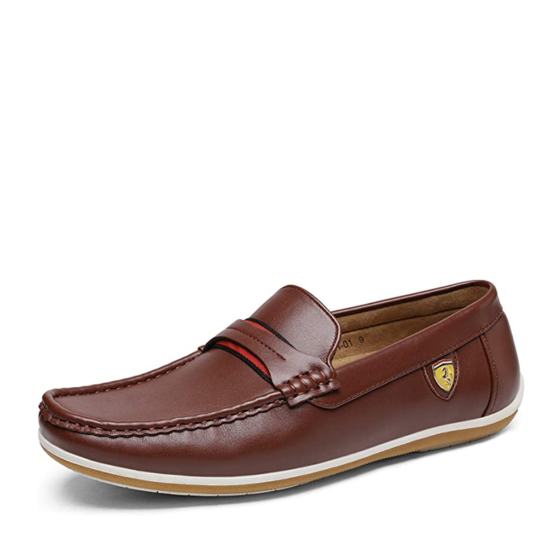 Brown leather loafer with a moc toe design, featuring a subtle emblem on the side and accented with black and red stripes.