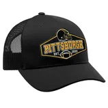 Black mesh-back baseball cap featuring a Pittsburgh-themed design with a football helmet and the text \“Pittsburgh Est. 1933\“ on the front.