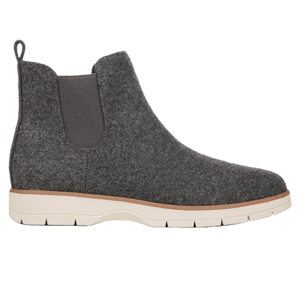 Dr. Scholl's Chelsea Boots feature a gray felt upper with elastic side panels, a pull-tab at the back, and a white textured sole for comfort and style.