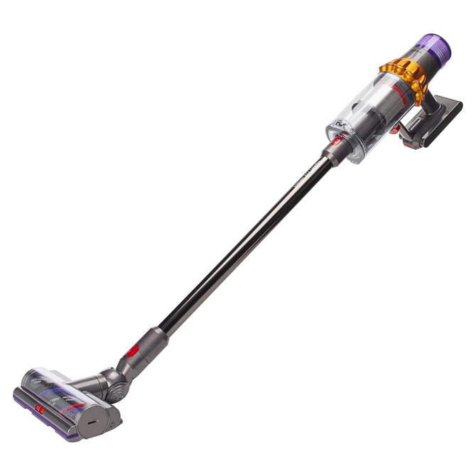 A Dyson V15 cordless vacuum with a purple accent, transparent dust bin, and a motorized brush head for floor cleaning.