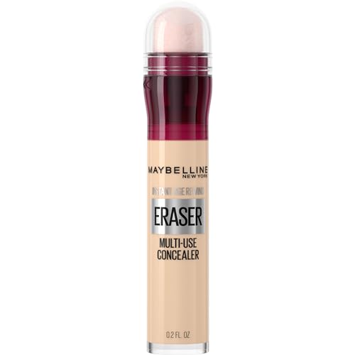 This is a Maybelline Instant Age Rewind Eraser Multi-Use Concealer, presented in a cylindrical container with a transparent cap and a sponge applicator at the top.