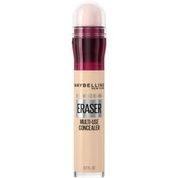 This is a Maybelline Instant Age Rewind Eraser Multi-Use Concealer, presented in a cylindrical container with a transparent cap and a sponge applicator at the top.