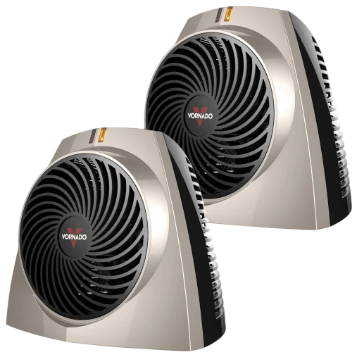 Two Vornado compact fan heaters with a sleek design, featuring a circular grille and black-and-metallic color scheme.