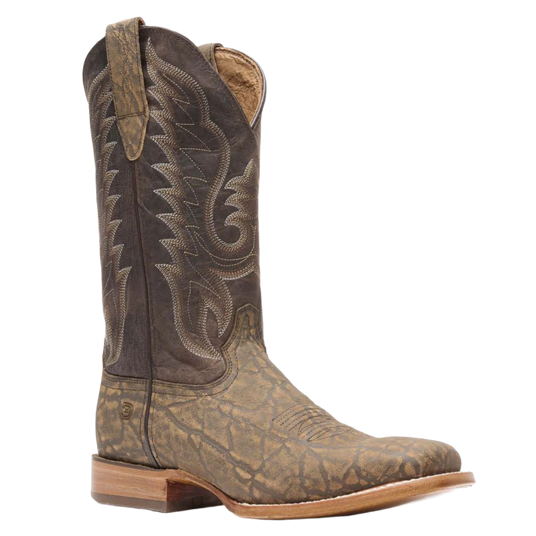 A cowboy boot with intricate stitching on the shaft, featuring a textured, distressed brown leather finish and a wooden heel.
