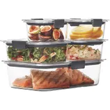 The 10pc Rubbermaid Brilliance Set includes stackable, clear plastic food storage containers with black latches, designed for leak-proof and airtight storage. They feature different sizes suitable for storing vegetables, fruits, and meats.