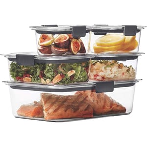The 10pc Rubbermaid Brilliance Set includes stackable, clear plastic food storage containers with black latches, designed for leak-proof and airtight storage. They feature different sizes suitable for storing vegetables, fruits, and meats.
