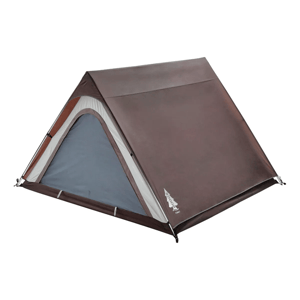 A three-person tent with a slanted roof design, featuring a brown flysheet and a blue interior with white and grey trim.