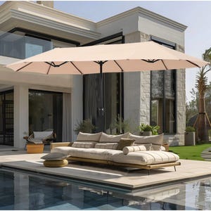 A 13-foot patio umbrella with a beige canopy provides shade over an outdoor sectional sofa next to a pool. The umbrella has a central pole and is set in a modern backyard with large windows, potted plants, and contemporary decor.
