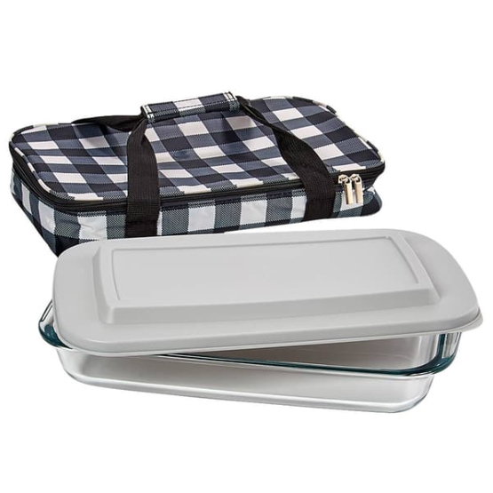 A glass casserole dish with a snap-on lid is shown alongside a black and white checkered insulated carrying case with handles and a zipper closure.