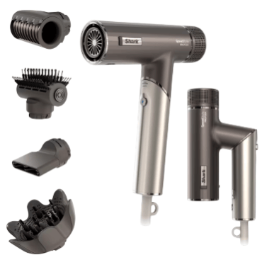 Foldable hair dryer with attachments: a concentrator nozzle, styling brush, diffuser, and a wide-tooth comb for versatile hair styling.