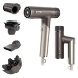 Foldable hair dryer with attachments: a concentrator nozzle, styling brush, diffuser, and a wide-tooth comb for versatile hair styling.