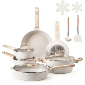 Cookware set with a speckled finish, featuring various pots, pans, and lids with wooden handles. Includes two utensil protectors and two utensils—a ladle and spatula.