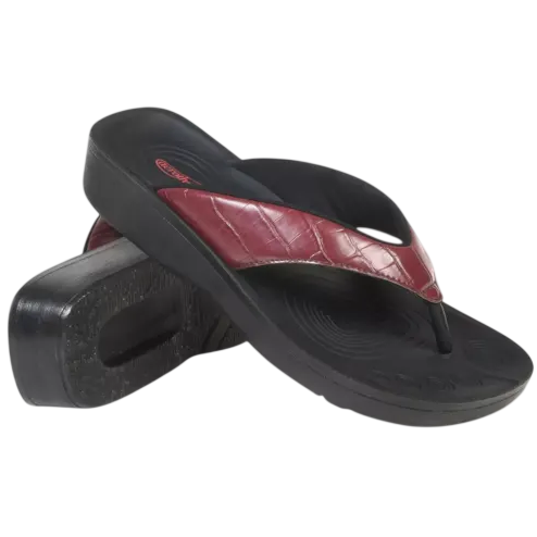 A pair of black flip-flops with maroon textured straps, featuring thick soles for added comfort.
