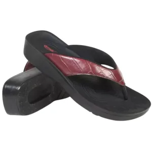 A pair of black flip-flops with maroon textured straps, featuring thick soles for added comfort.
