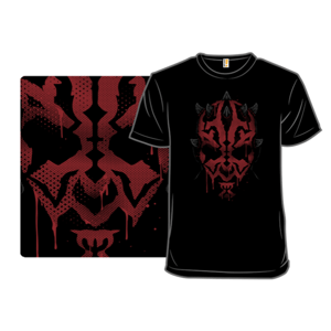 Black T-shirt featuring a bold red and black, ink-blot style graphic of a horned face with dripping effects.
