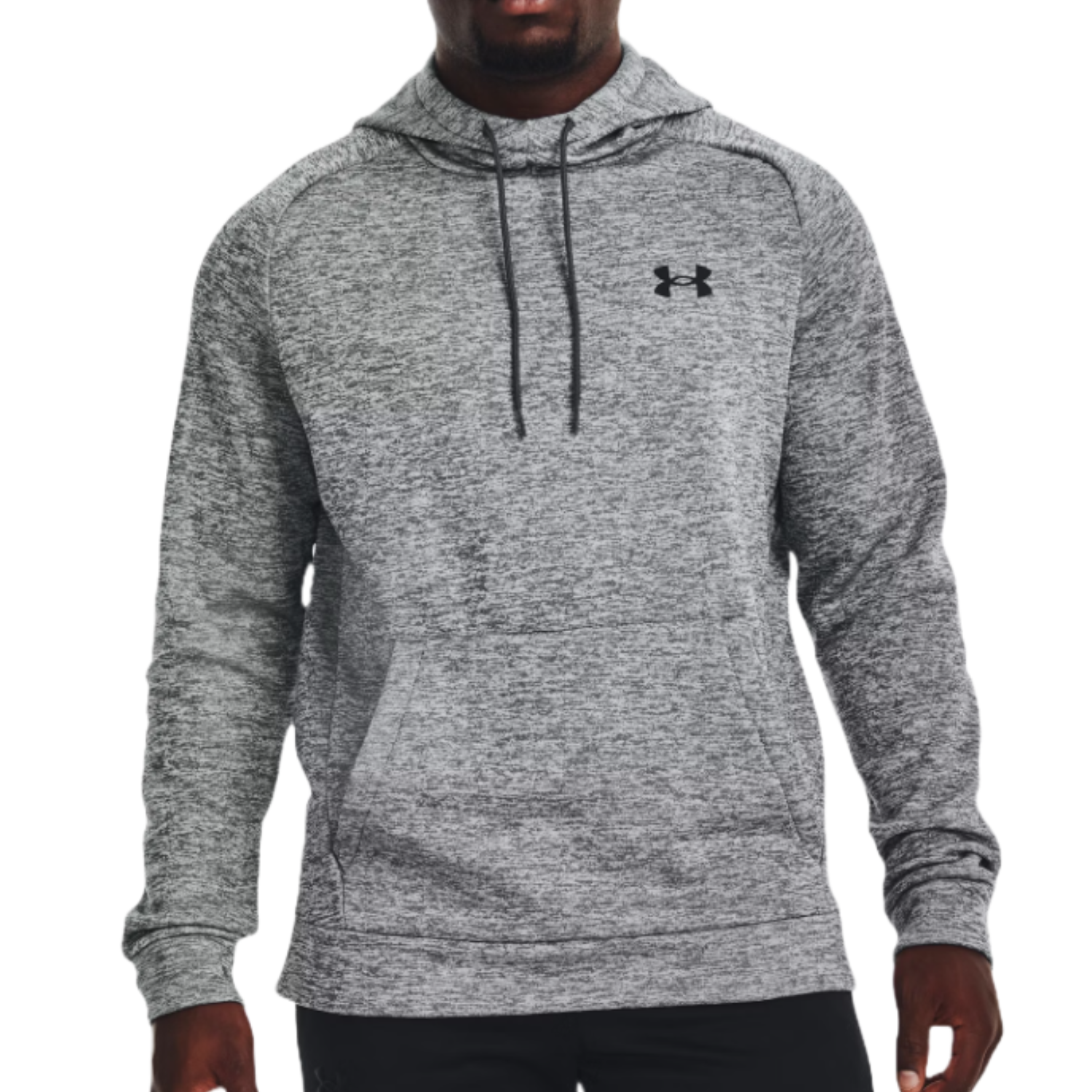 Gray Under Armour hoodie featuring long sleeves, a front kangaroo pocket, and a drawstring hood.
