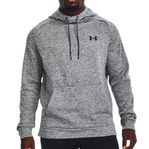 Gray Under Armour hoodie featuring long sleeves, a front kangaroo pocket, and a drawstring hood.