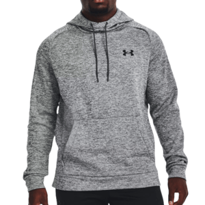Gray Under Armour hoodie featuring long sleeves, a front kangaroo pocket, and a drawstring hood.