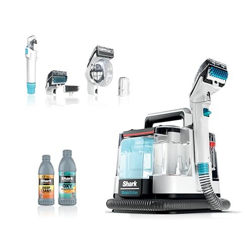 Shark StainStriker Carpet Cleaner is a portable cleaning device with various attachments, a hose, and two bottles of cleaning solution.