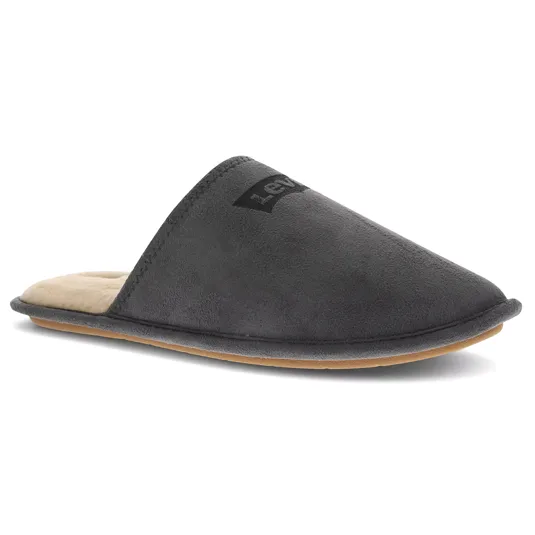 Gray slip-on slipper with a faux fur lining and a flat sole, featuring a \“Levi's\“ logo on the upper.