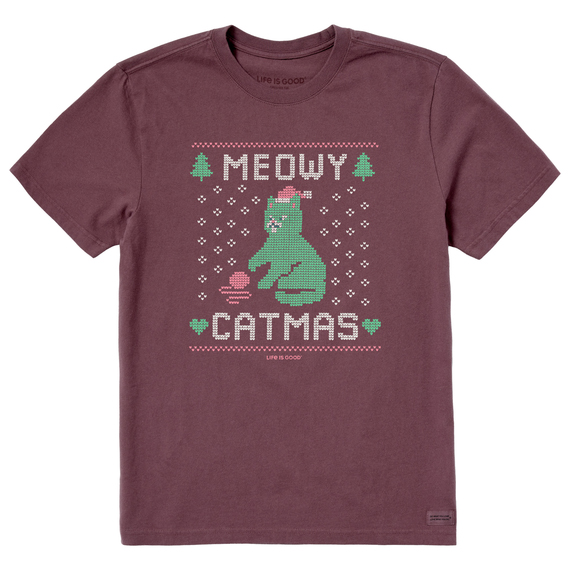 Maroon t-shirt featuring a green cat with a Santa hat, surrounded by patterns resembling a knitted holiday sweater, with the text \“Meowy Catmas\“ in white and green.