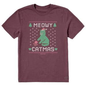 Maroon t-shirt featuring a green cat with a Santa hat, surrounded by patterns resembling a knitted holiday sweater, with the text \“Meowy Catmas\“ in white and green.