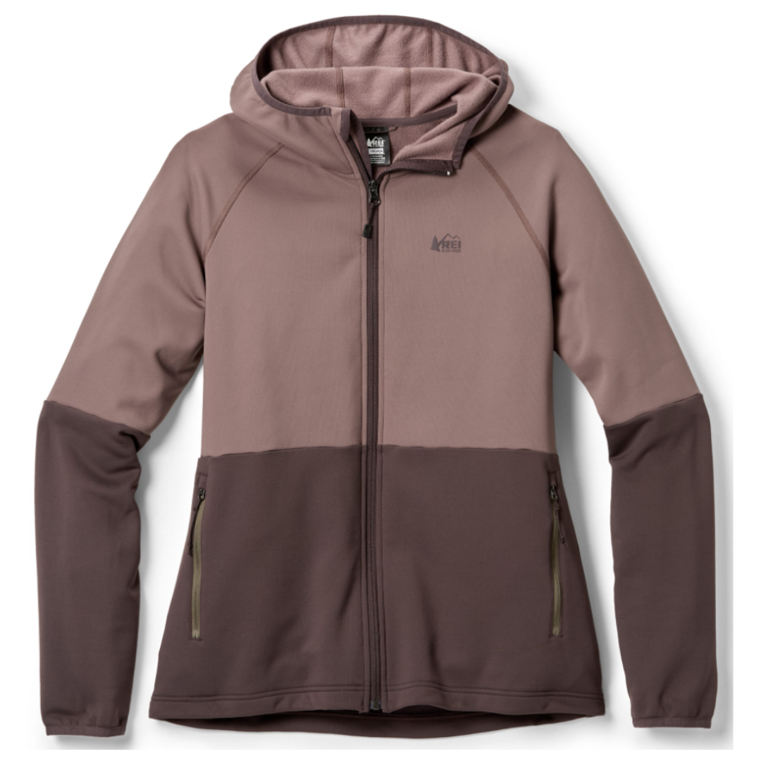 A two-tone hoodie featuring a full front zipper, hood, and zippered pockets. The top half is a lighter shade, while the bottom and sleeves are darker. The REI Co-op logo is printed on the chest.