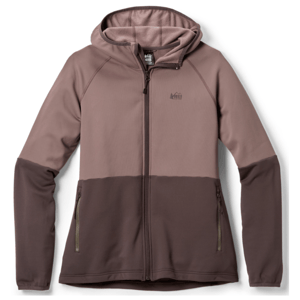 A two-tone hoodie featuring a full front zipper, hood, and zippered pockets. The top half is a lighter shade, while the bottom and sleeves are darker. The REI Co-op logo is printed on the chest.