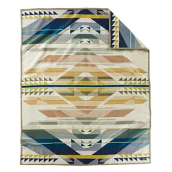 A blanket featuring a geometric, multicolored pattern with triangles and stripes in shades of blue, yellow, and earthy tones.