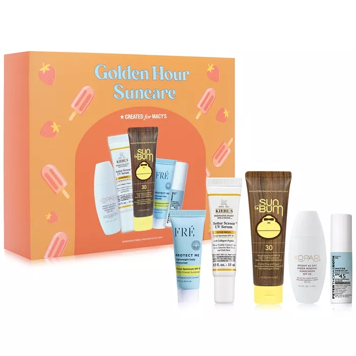 Golden Hour Suncare set includes Sun Bum sunscreen, Kiehl's Better Screen UV Serum, FRÉ Protect Me, Kopari sunscreen, and another sunscreen product, packaged in a vibrant orange box with popsicle graphics.