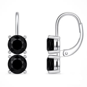 A pair of earrings featuring two round black gemstones set in a silver-tone metal with a lever-back closure.
