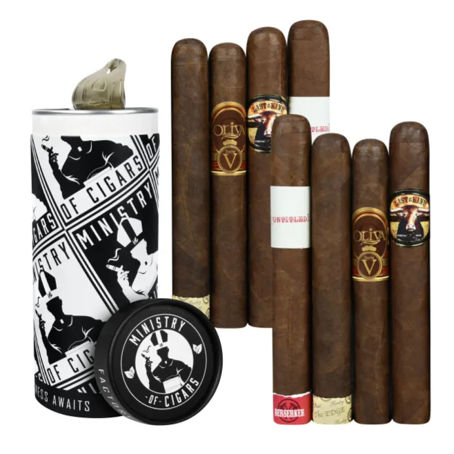 A collection of cigars accompanied by a branded cylindrical container labeled \“Ministry of Cigars.\“ The cigars feature various labels, including \“Oliva V,\“ \“Last King,\“ and \“Berserker.\“