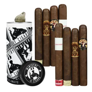 A collection of cigars accompanied by a branded cylindrical container labeled \“Ministry of Cigars.\“ The cigars feature various labels, including \“Oliva V,\“ \“Last King,\“ and \“Berserker.\“