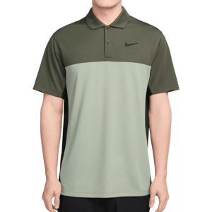 Nike Dri-FIT Victory Polo features a two-tone design with olive green on the upper part and a lighter green on the lower section. It has a classic collar with a small Nike logo on the chest.