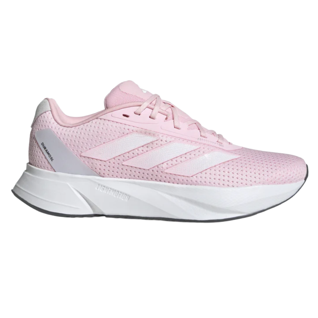 Pink and white Adidas running shoe with mesh upper, featuring three white stripes and \“DURAMO\“ branding on the side.