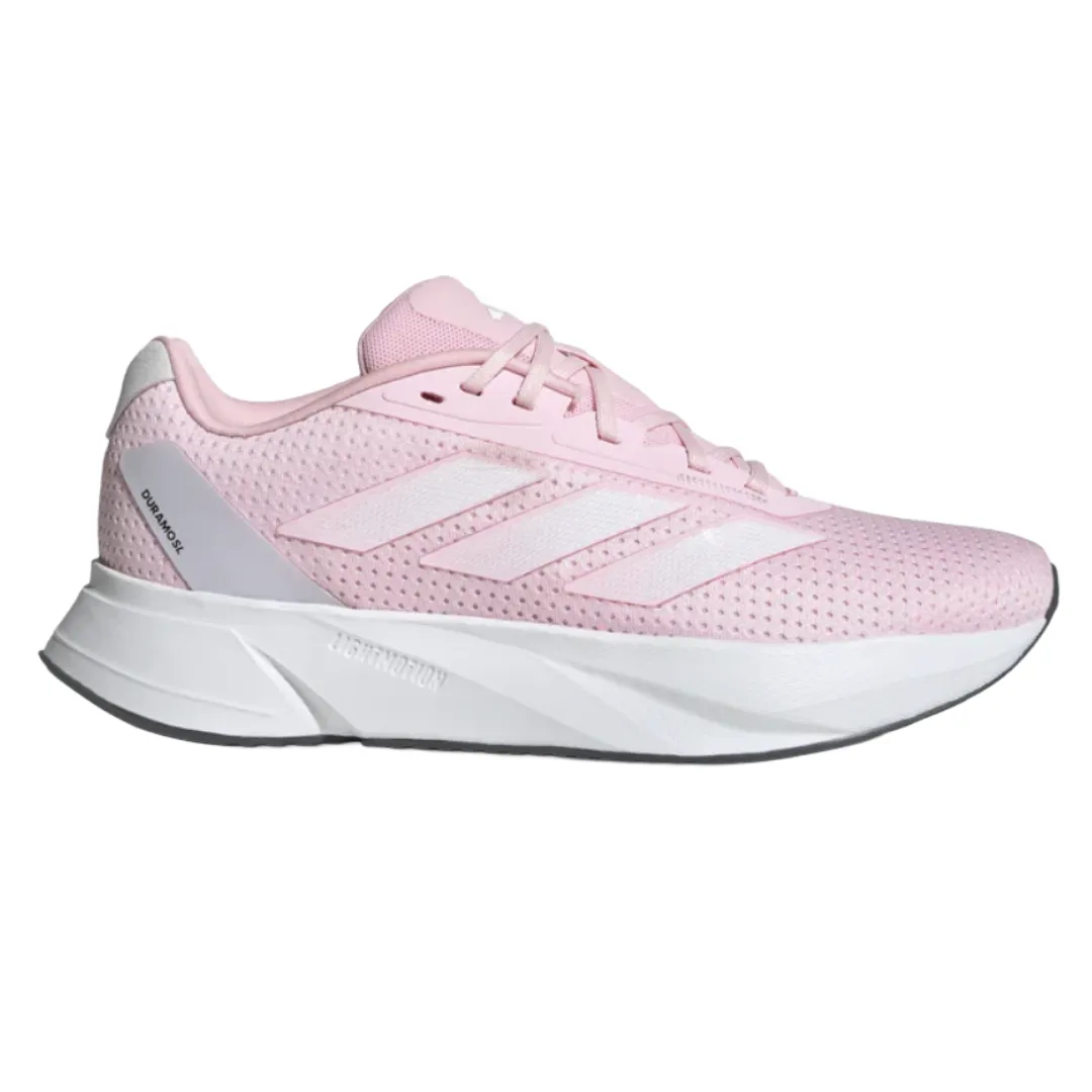 Pink and white Adidas running shoe with mesh upper, featuring three white stripes and \“DURAMO\“ branding on the side.