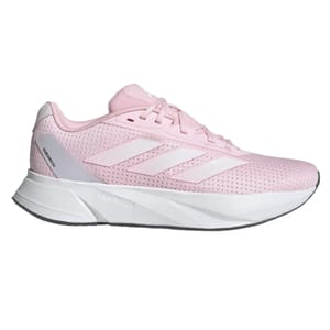Pink and white Adidas running shoe with mesh upper, featuring three white stripes and \“DURAMO\“ branding on the side.
