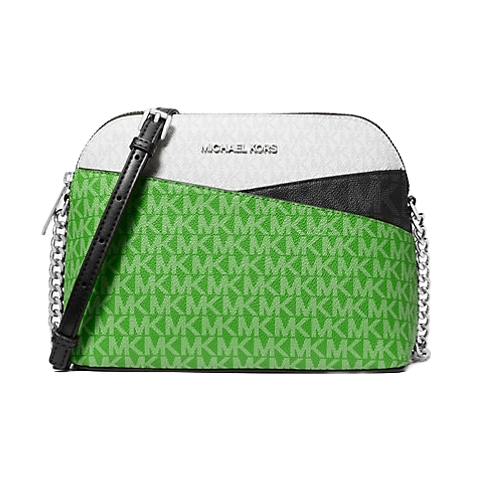 The Michael Kors Colorblock Crossbody features a bold green MK logo pattern, accented with black and white color blocks. It includes a chain and leather adjustable strap and showcases the brand's logo in metallic lettering.