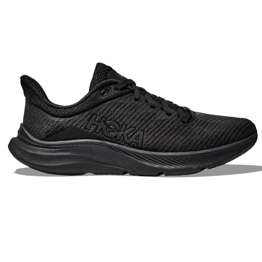 Black HOKA Solimar running shoes with a sleek design, featuring a textured knit upper, cushioned midsole for comfort, and a durable outsole.