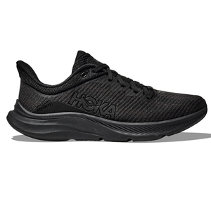 Black HOKA Solimar running shoes with a sleek design, featuring a textured knit upper, cushioned midsole for comfort, and a durable outsole.