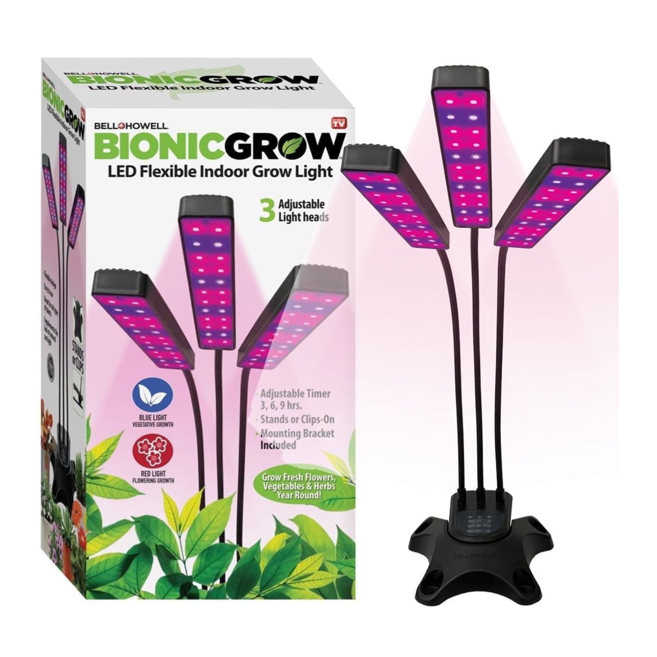 Bionic Grow LED Flexible Indoor Grow Light by Bell and Howell with three adjustable light heads, features an adjustable timer of 3, 6, or 9 hours, includes mounting bracket, and offers blue light for vegetative growth and red light for flowering.