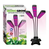 Bionic Grow LED Flexible Indoor Grow Light by Bell and Howell with three adjustable light heads, features an adjustable timer of 3, 6, or 9 hours, includes mounting bracket, and offers blue light for vegetative growth and red light for flowering.