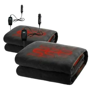 Two black electric blankets with red heating elements, each equipped with a car adapter and control switch.