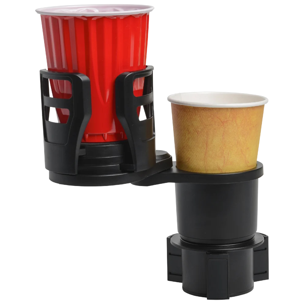 Two adjustable car cupholders are shown, holding a red plastic cup and a yellow paper cup. The design includes supportive side grips to secure the cups in place.