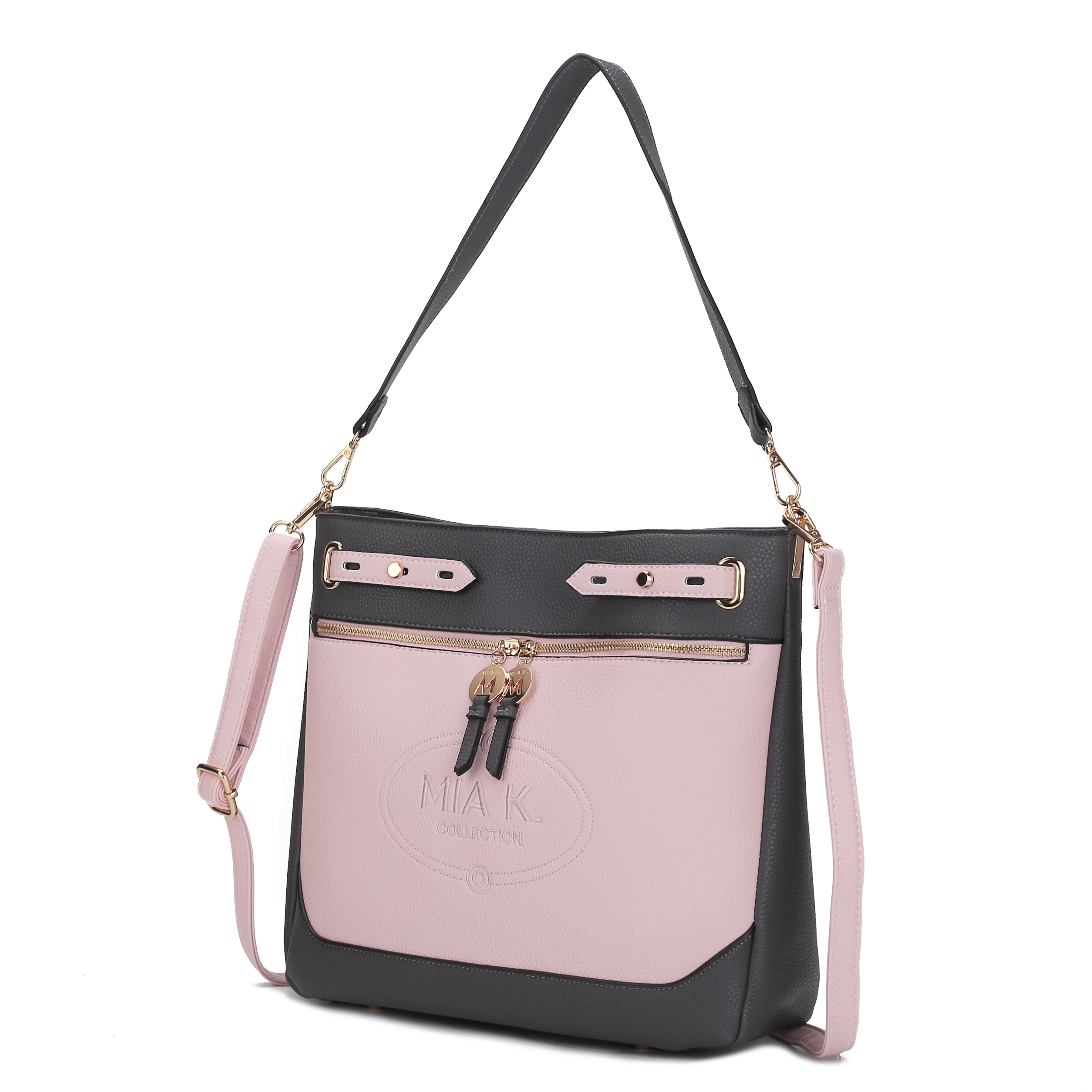 A pink and black Mia K. Collection handbag with two straps, one adjustable for crossbody use and one for shoulder wear. Features include a front zipper pocket with gold-tone accents and embossed logo detailing.