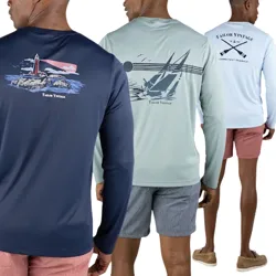 Three men are wearing long-sleeve T-shirts featuring nautical-themed graphics on the back in navy, light blue, and aqua, paired with shorts.