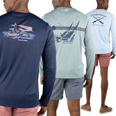 Three men are wearing long-sleeve T-shirts featuring nautical-themed graphics on the back in navy, light blue, and aqua, paired with shorts.