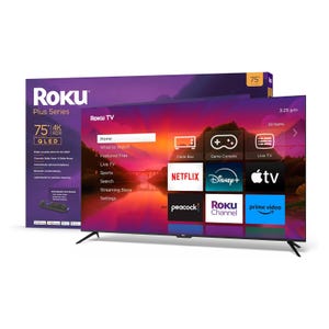 Roku 75\“ 4K Smart TV from the Plus Series features QLED, HDR, Dolby Vision, Dolby Atmos, and Bluetooth private listening. It includes apps like Netflix, Disney+, Apple TV, and Prime Video.